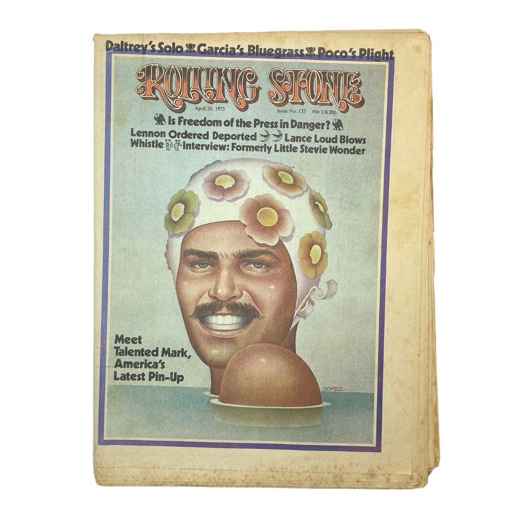 Cover of Rolling Stone Magazine, April 26, 1973, Issue No. 133 featuring a colorful illustration of Mark Spitz wearing a floral swim cap, representing a pivotal moment in sports and celebrity culture.