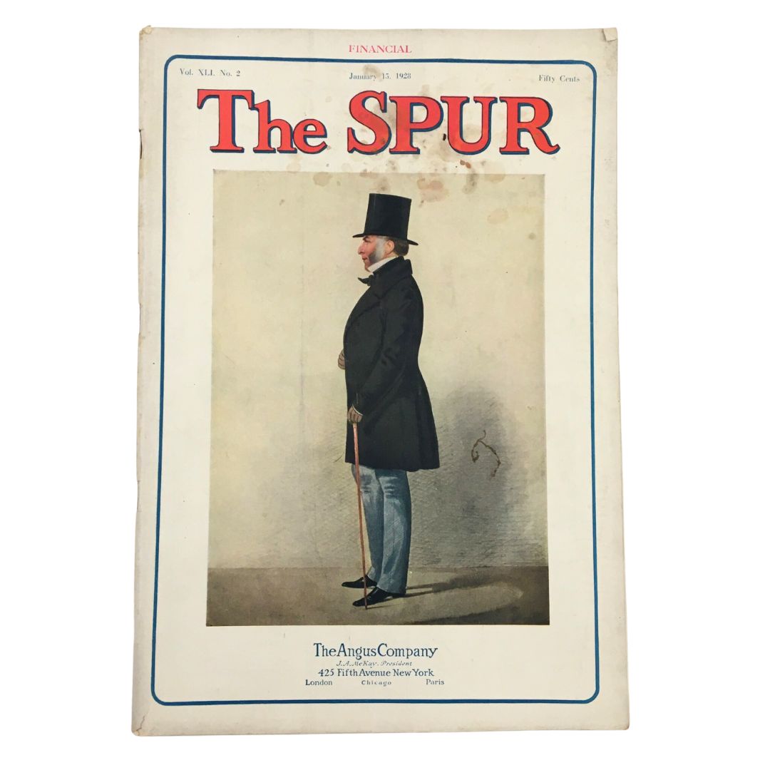 Cover of VTG The Spur Magazine dated January 15, 1928, featuring an illustration of a well-dressed man in a top hat and coat, showcasing the financial theme of the publication.