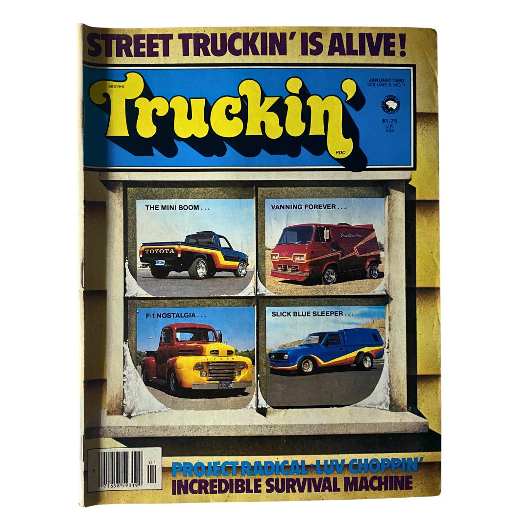 Cover of Vintage Truckin' Magazine January 1980 featuring 'The Mini Boom' and 'Vanning Forever' with images of customized trucks and vans.