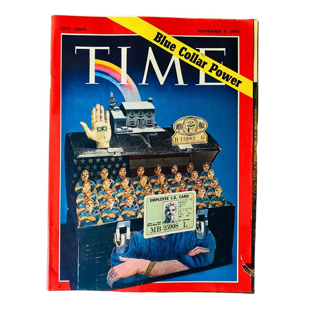 VTG Time Magazine November 9 1970 cover featuring the title 'Blue Collar Power', showcasing a vivid design with hand and I.D. card visuals, symbolizing the labor movements of the early 1970s.