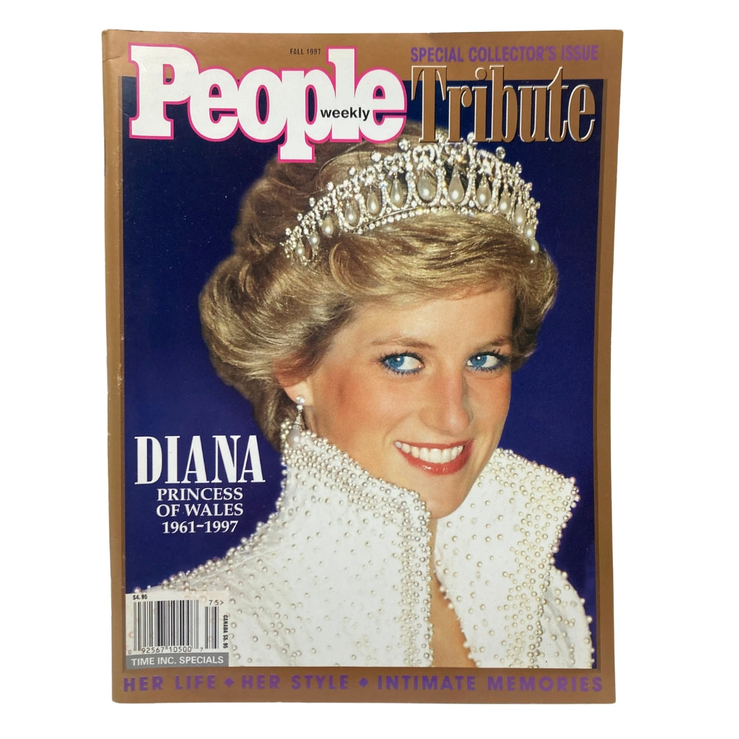 People Weekly Magazine Fall 1997 Special Collector's Issue featuring a tribute to Diana, Princess of Wales. The cover illustrates Diana with a radiant smile, wearing an elegant pearl-encrusted gown and a tiara, highlighting her iconic style and charm.