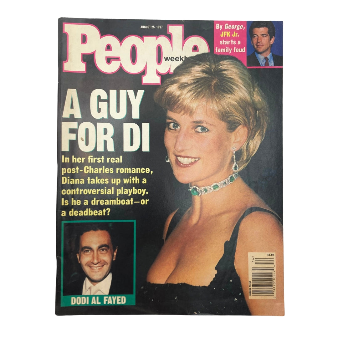 People Weekly Magazine August 25 1997 cover featuring Princess Diana smiling, with the headline 'A Guy for Di', and a photo of Dodi Al Fayed. This vintage magazine captures a pivotal moment in royal history.