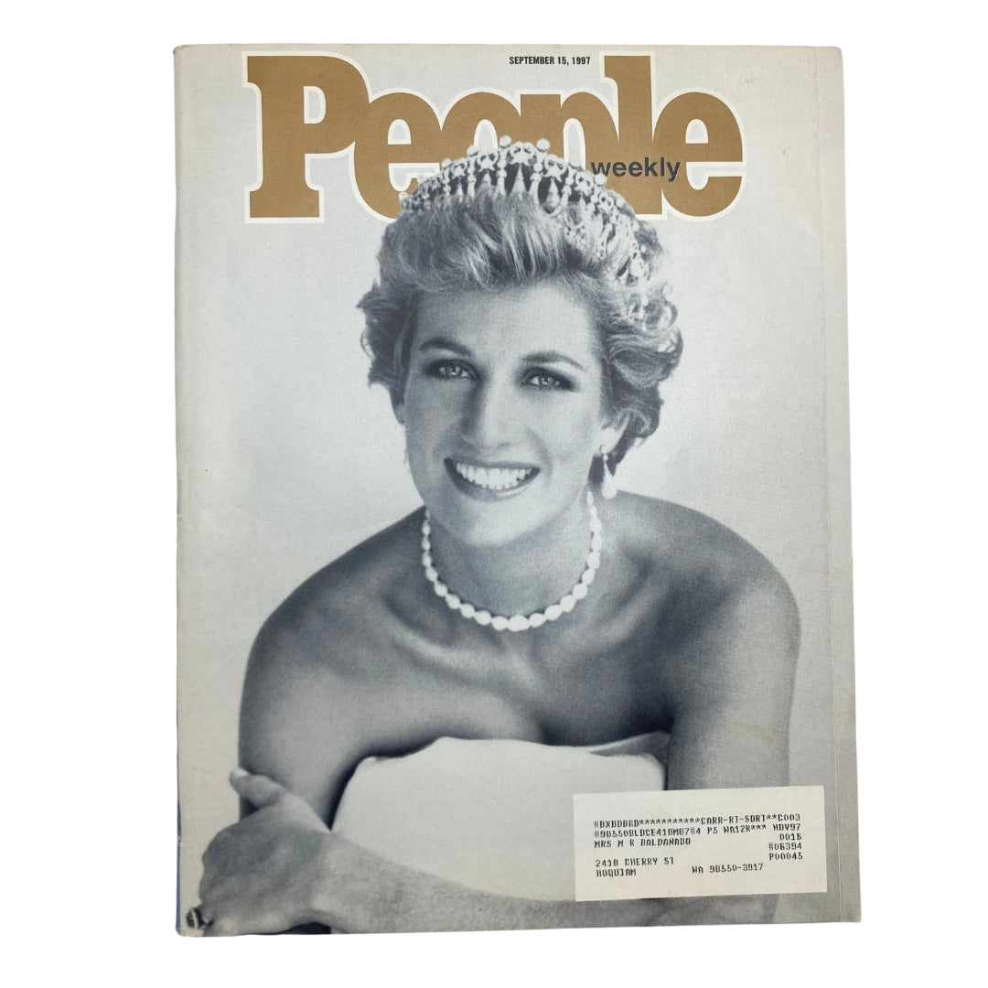 Cover of People Weekly Magazine dated September 15, 1997, featuring Princess Diana with a radiant smile, wearing a pearl necklace and tiara, commemorating her tragic death.