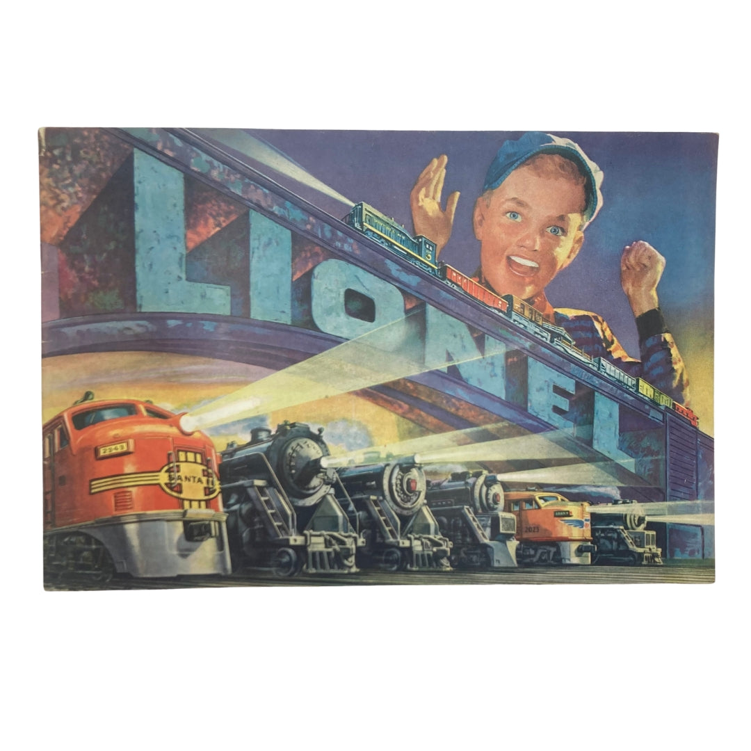 Cover of the 1952 Lionel Model Railroad Train Scout 3-Car Freight Catalog featuring vibrant illustrations of trains and a child enthusiastically waving.