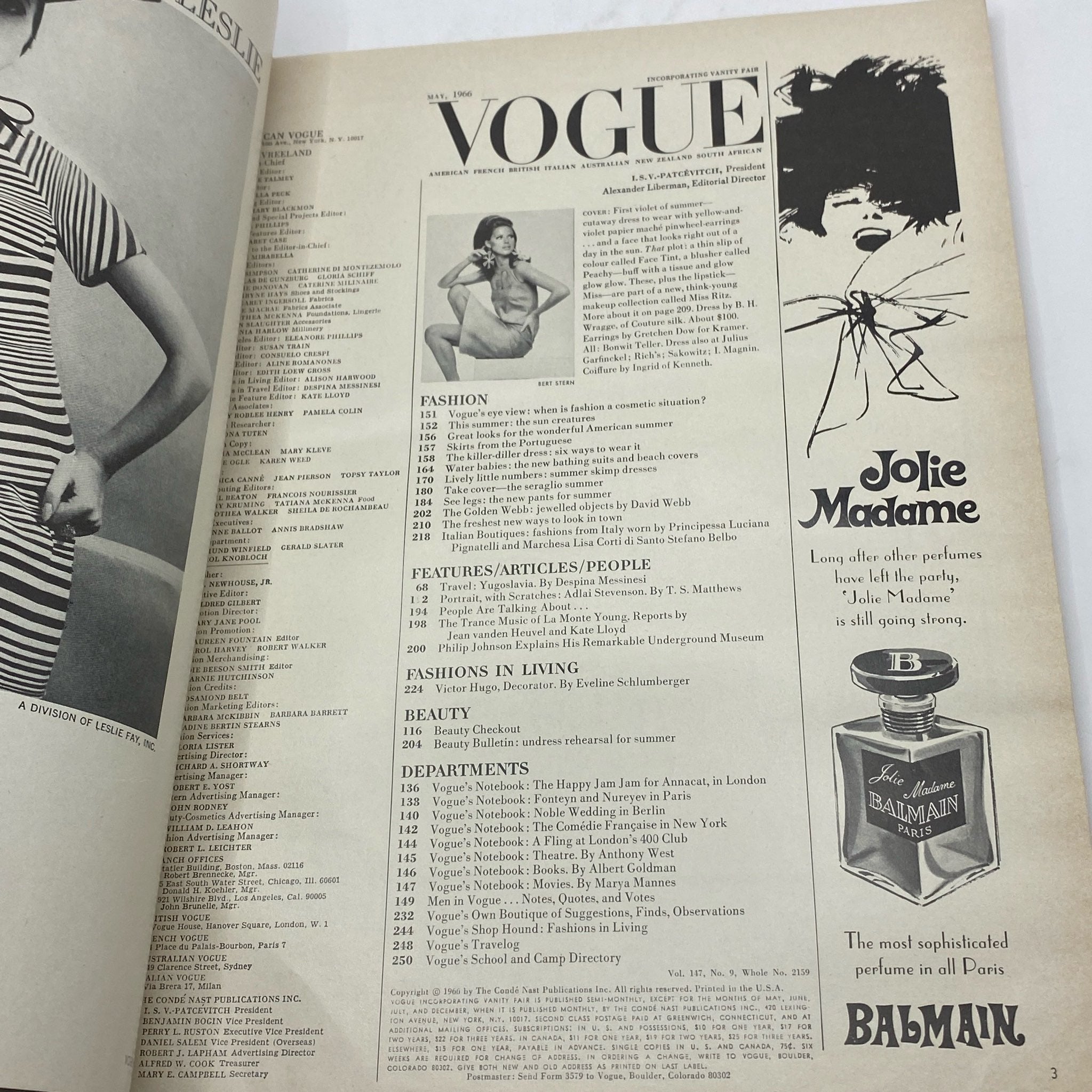 Table of contents page from VTG Vogue Magazine May 1966, highlighting features, articles, and advertisements in the iconic fashion publication.