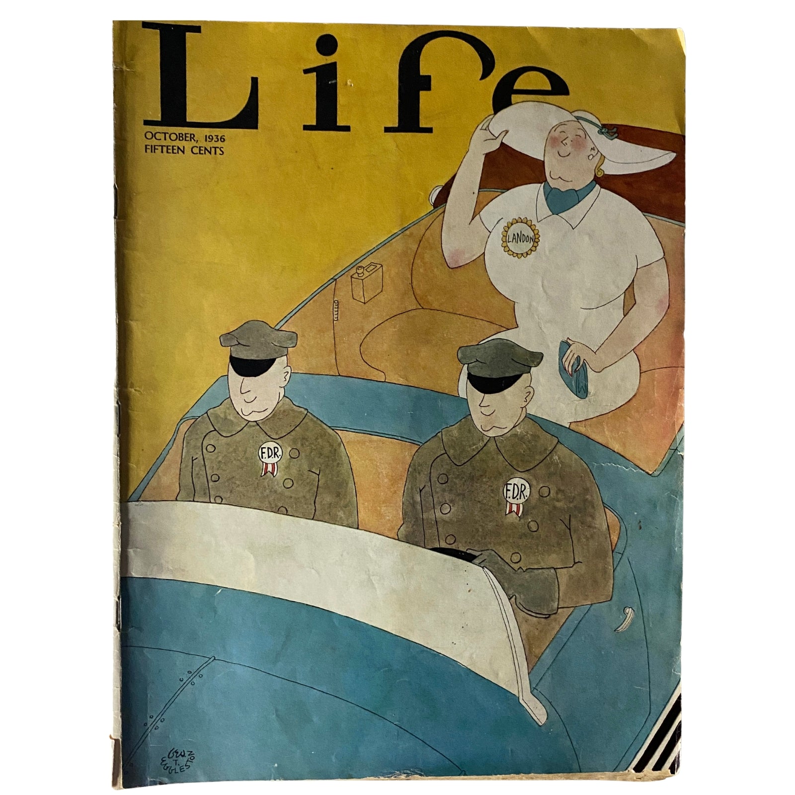 Cover of Life Magazine October 1936, featuring a colorful illustration with characters in a boat, showcasing the artistic style of the era and the theme 'Our Own Architectural Forum'.
