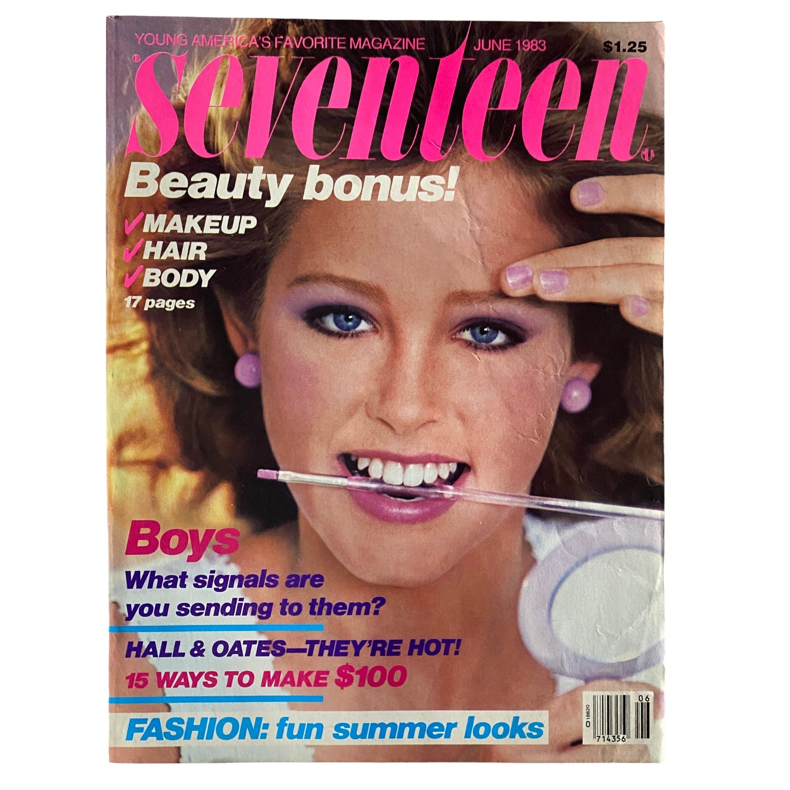 Seventeen Magazine June 1983 cover featuring Pamela Gidley promoting beauty tips, summer fashion, and lifestyle advice for young women. The vibrant design captures the essence of 80s teen culture.