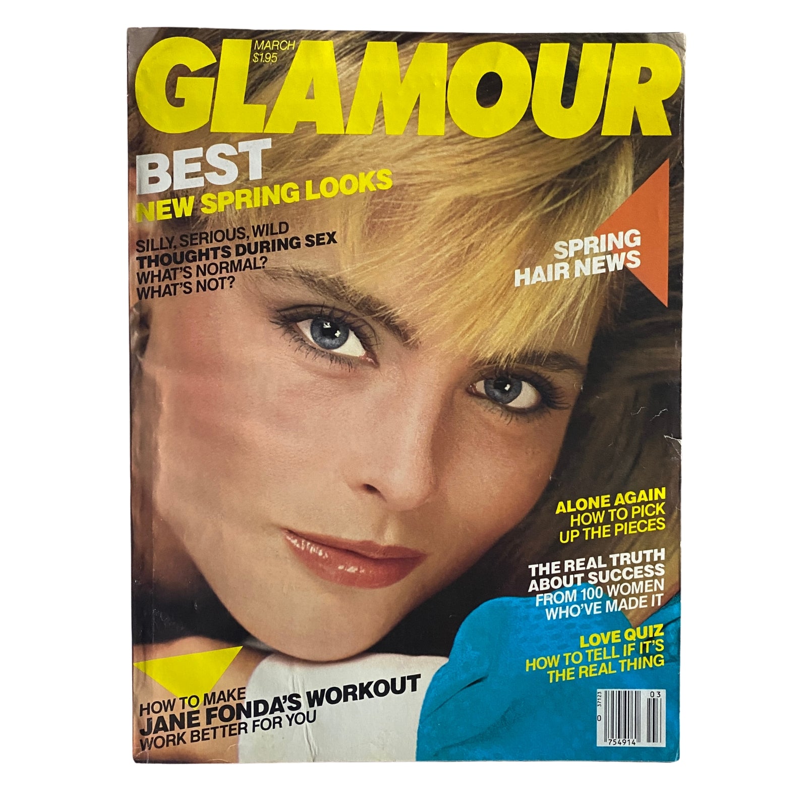 Glamour Magazine March 1984 Kim Alexis Cover featuring 'Best New Spring Looks' and various articles including 'How to Make Jane Fonda's Workout Work Better for You'.