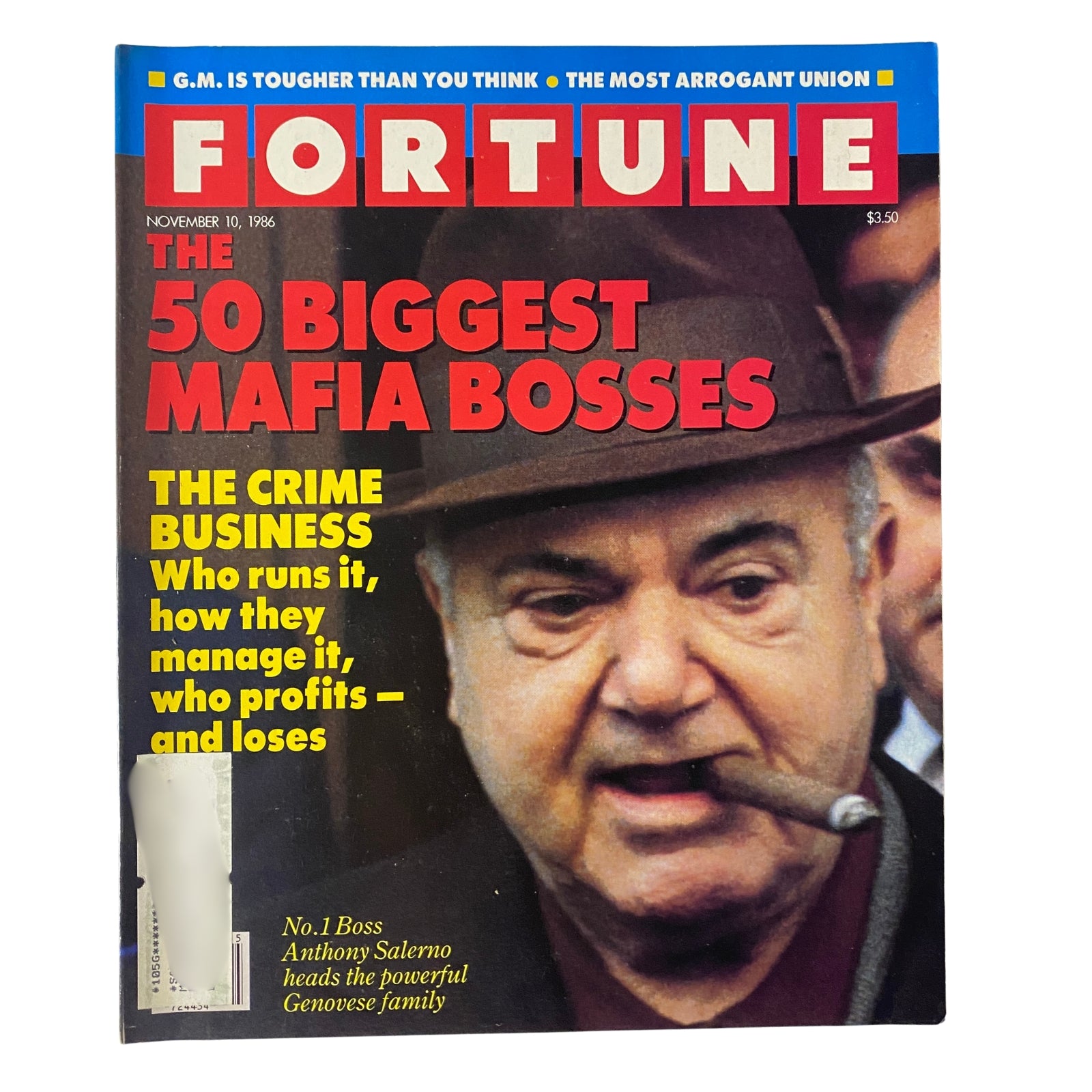 Fortune Magazine cover from November 10, 1986, featuring Mafia Boss Anthony Salerno with the title 'The 50 Biggest Mafia Bosses' highlighting the crime business.