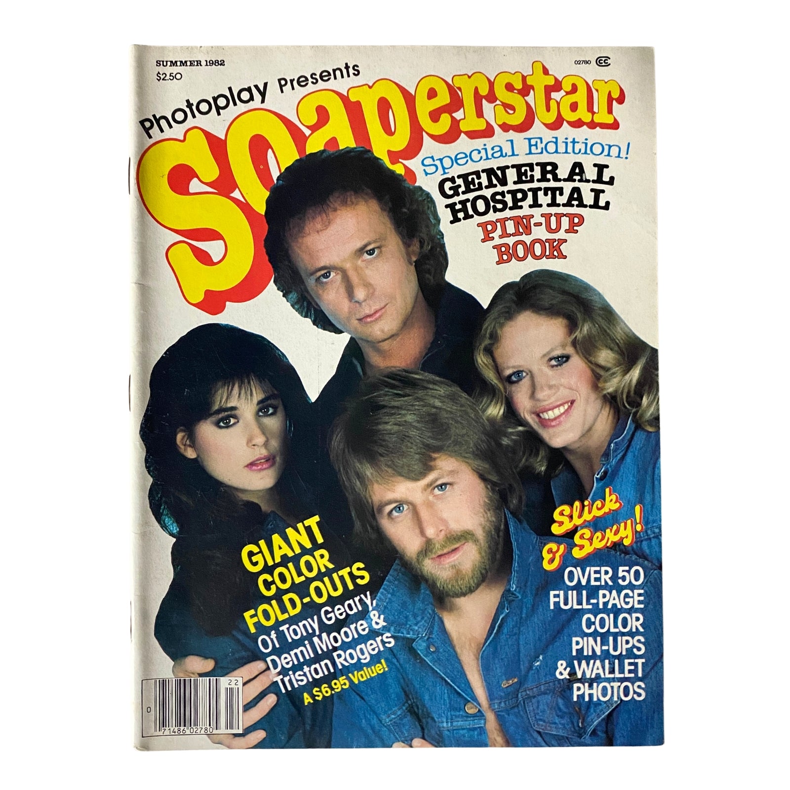 Cover of Photoplay Soaperstar Magazine Summer 1982 featuring Tony Geary, Demi Moore, and Tristan Rogers, highlighting a special edition with giant color fold-outs.