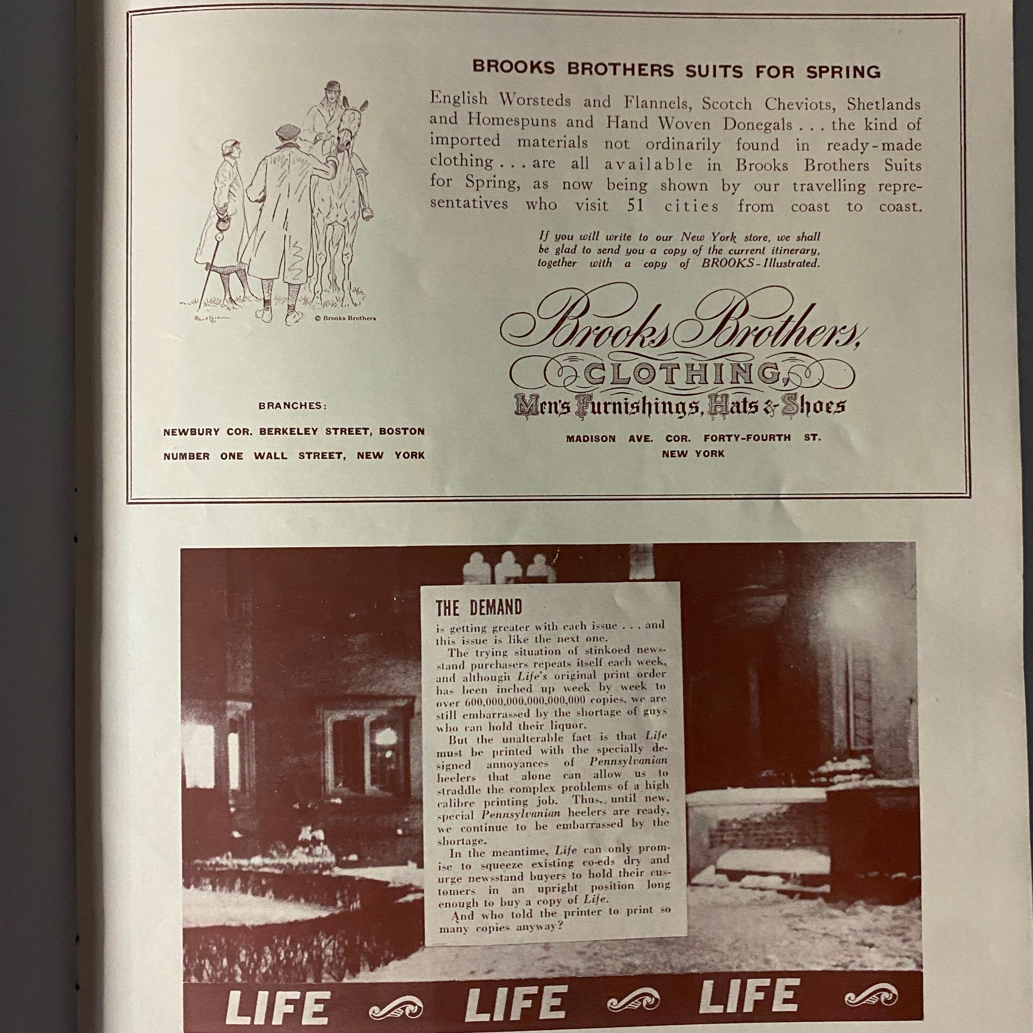 Interior page from Life Magazine April 23, 1937 displaying an advertisement for Brooks Brothers suits. The page features a detailed illustration and text promoting men's clothing for the spring season.