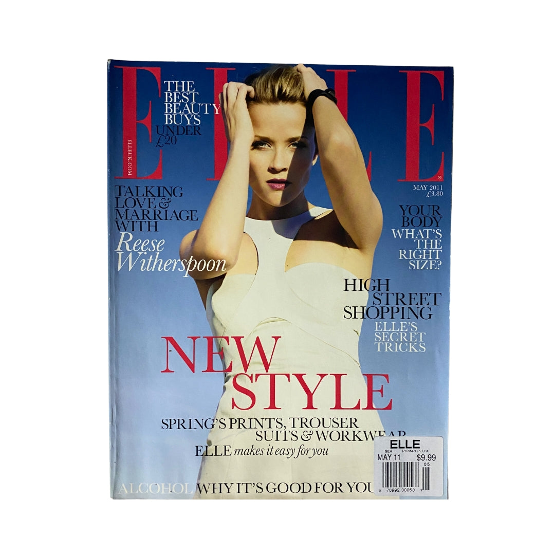 Elle Magazine May 2011 cover featuring Reese Witherspoon wearing a stylish dress. The cover highlights articles on new style, spring's prints, trouser suits, and workwear.