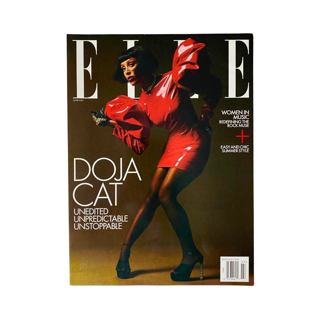 Elle Magazine June - July 2022 cover featuring Doja Cat in a bold red outfit, showcasing her dynamic presence in music and fashion.