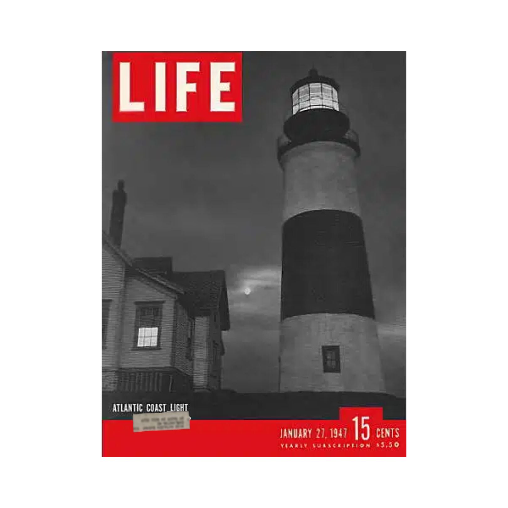 Cover of VTG Life Magazine from January 27, 1947 featuring the Atlantic Coast Lighthouse of Sankaty Island, showcasing a vintage design with historical significance.