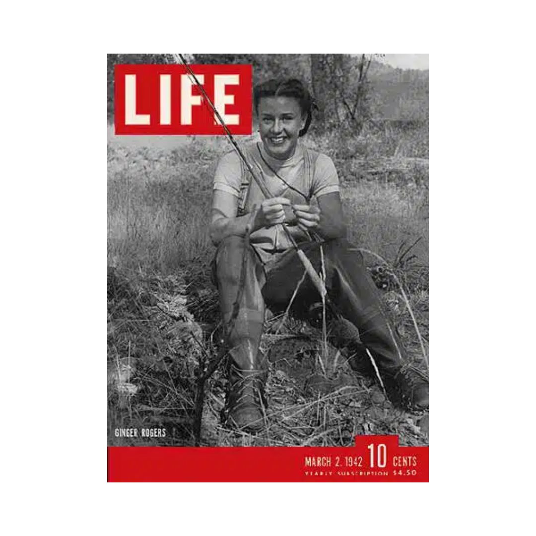Cover of VTG Life Magazine March 2, 1942 featuring Ginger Rogers, depicting her outdoors with a fishing rod, showcasing a snapshot of classic Hollywood charm and the elegance of the 1940s.