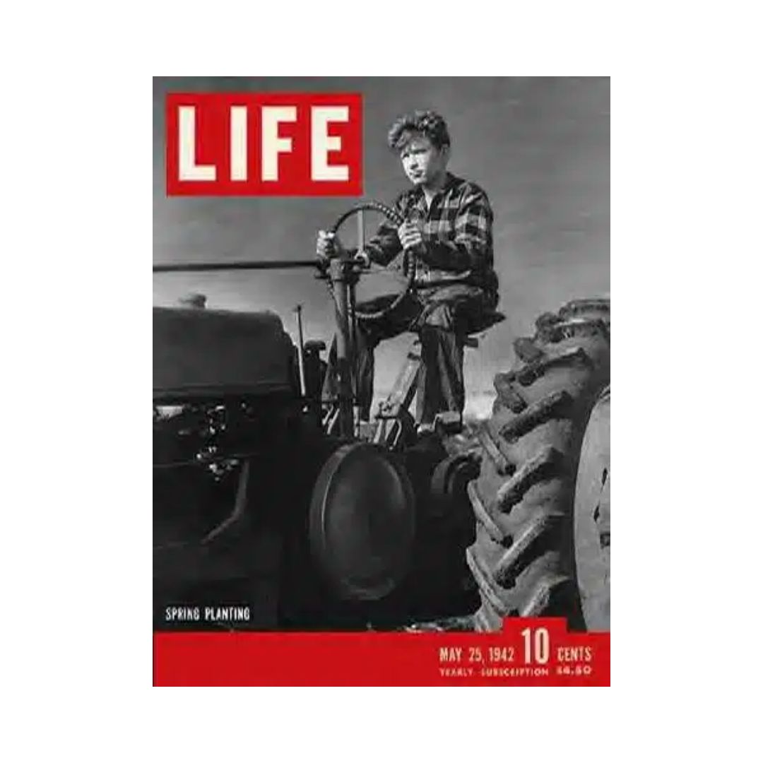 Cover of VTG Life Magazine from May 25, 1942, featuring a boy on a tractor with the title 'Spring Planting', showcasing vintage Americana and World War II nostalgia.