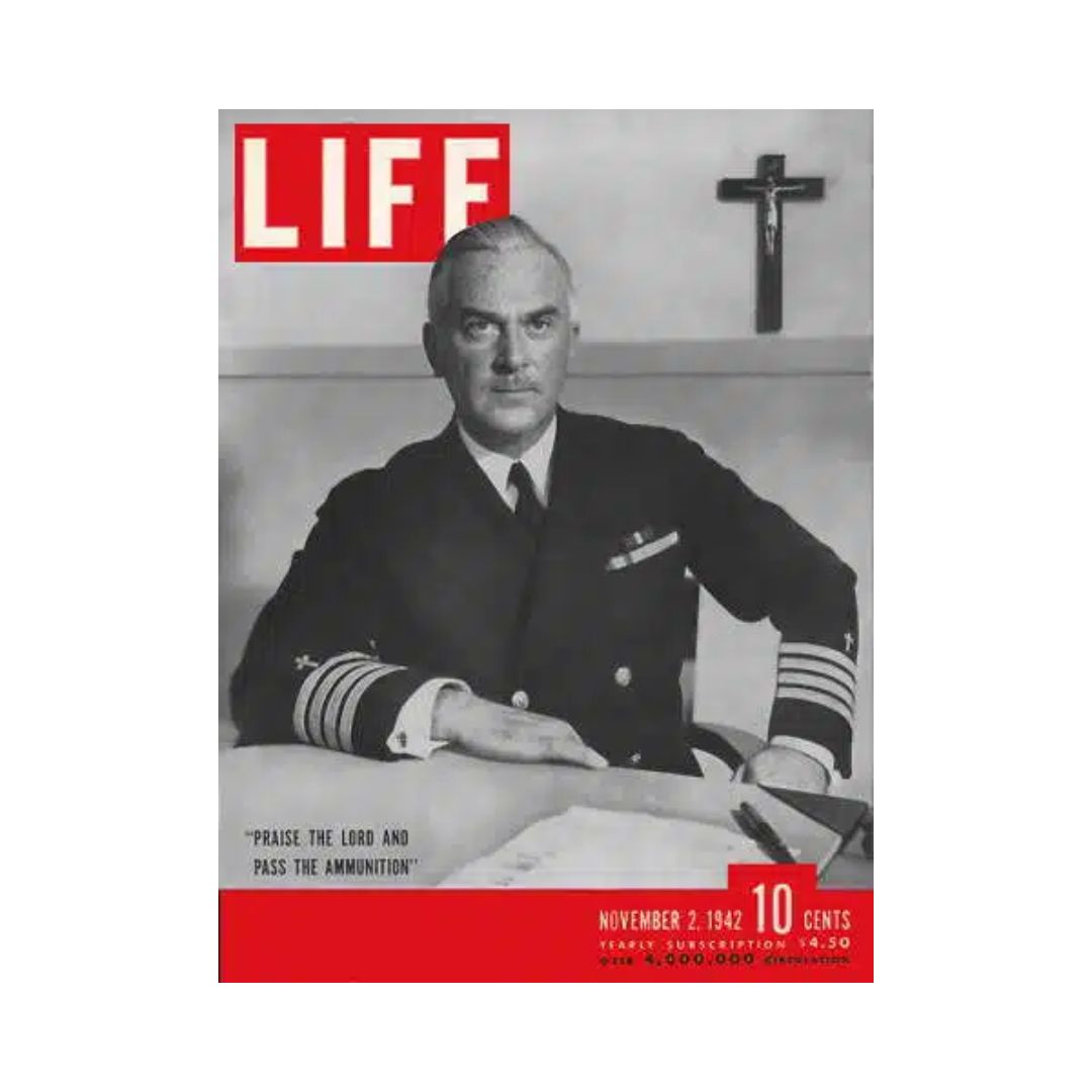 Cover of VTG Life Magazine from November 2, 1942 featuring Chaplain Maguire with the caption 'Praise the Lord and Pass the Ammunition' and a prominent red border.
