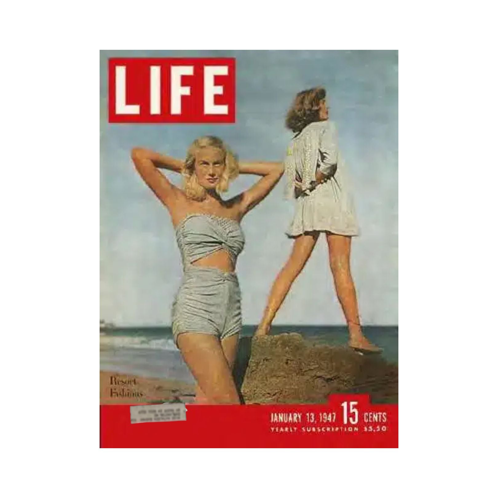 Cover of VTG Life Magazine, January 13, 1947, featuring San Juan Resort fashion, highlighting stylish swimwear and tropical attire in a vintage beach setting.