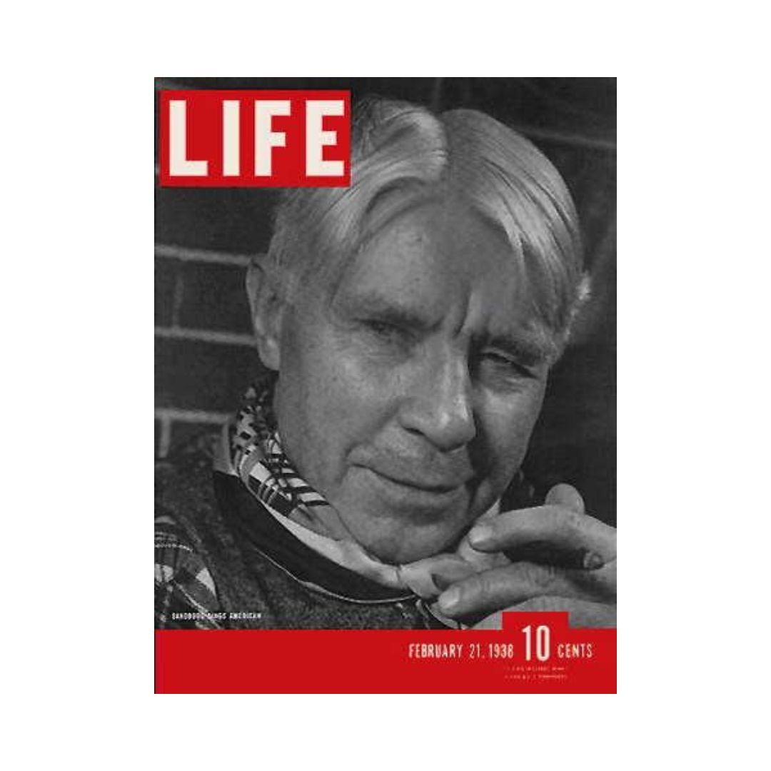 Cover of VTG Life Magazine from February 21, 1938 featuring Carl Sandburg, a renowned poet and biographer, with a focus on the cultural context of the late 1930s.