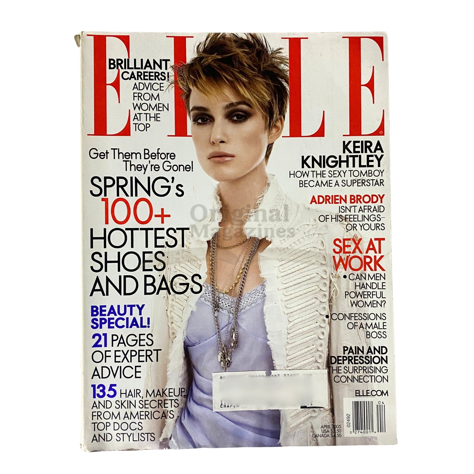 Elle Magazine April 2005 featuring Keira Knightley on the cover, showcasing early 2000s fashion trends and celebrity culture.