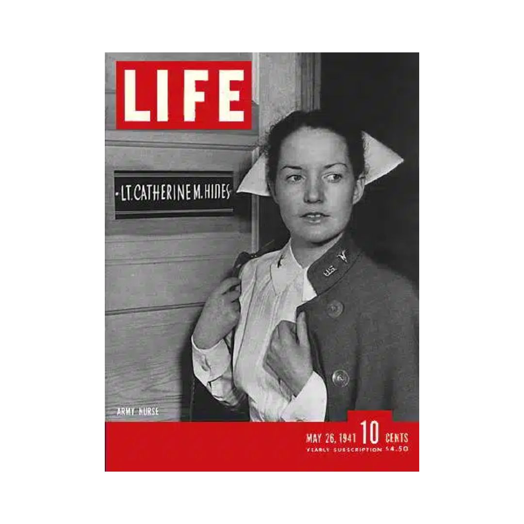 Cover of VTG Life Magazine from May 26, 1941 featuring Catherine Mary Hines, an Army Nurse, showcasing her with a sign labeled LT. CATHERINE M. HINES.