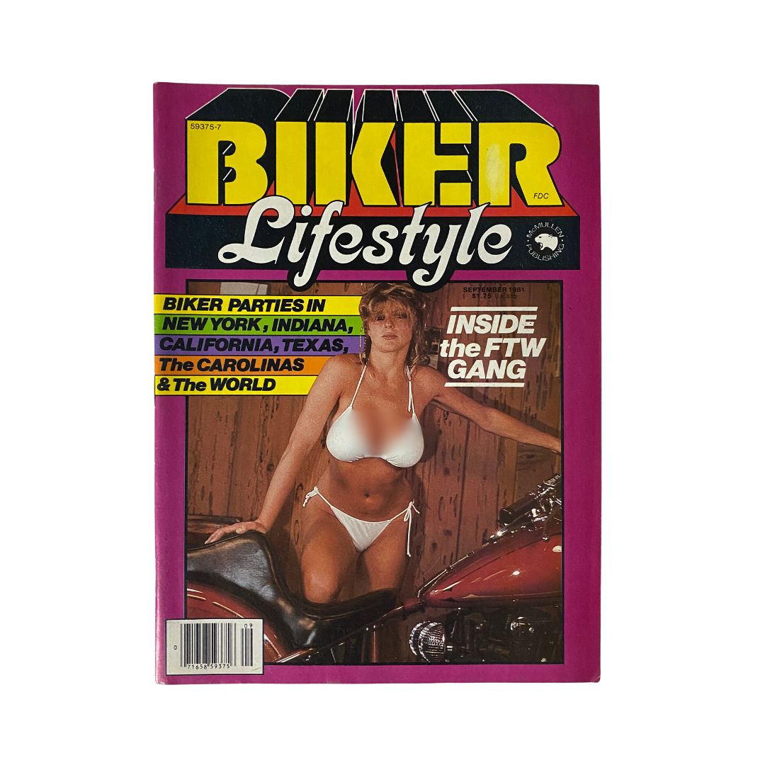 Cover of VTG Biker Lifestyle Magazine September 1981 featuring a woman in swimwear posing on a motorcycle, showcasing the biker culture of the early '80s.