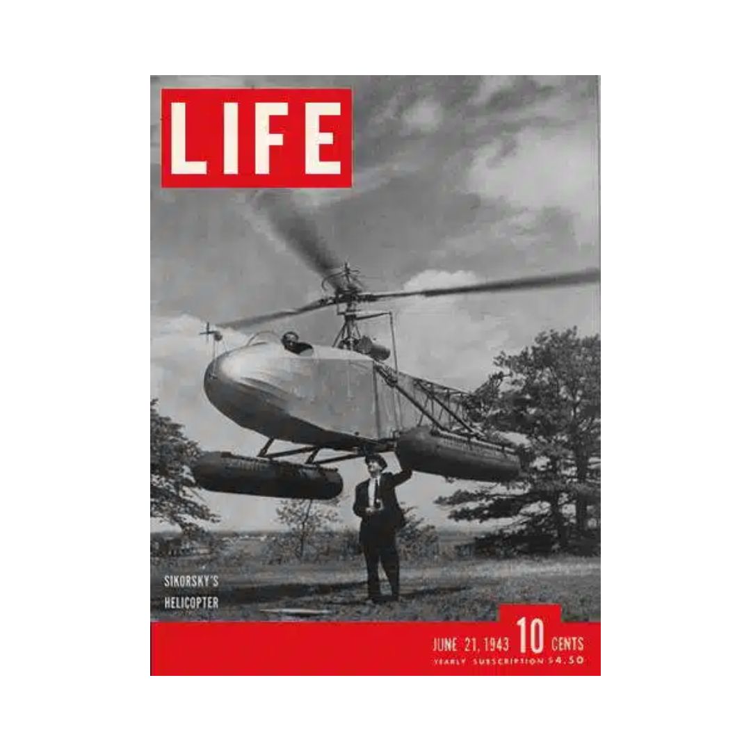 Cover of the VTG Life Magazine from June 21, 1943, featuring Sikorsky Helicopter, showcasing aviation history.