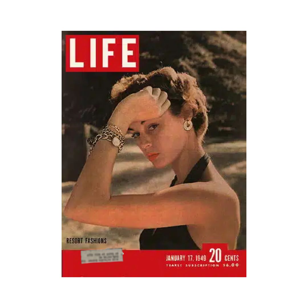 Cover of VTG Life Magazine January 17, 1949 featuring resort fashions, showcasing a woman in vintage attire, highlighting mid-century fashion elegance.