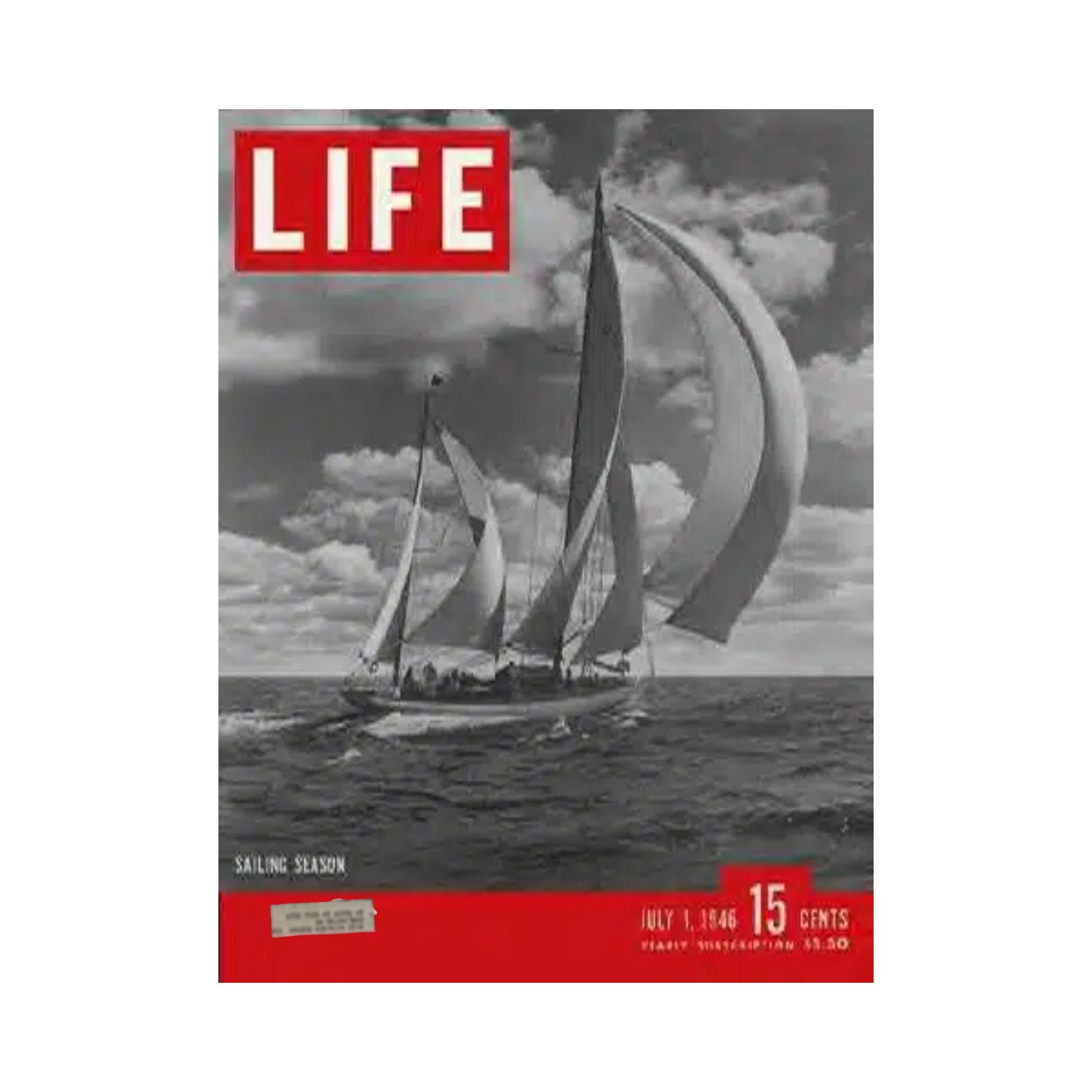 VTG Life Magazine July 1, 1946 Sailing Season, featuring a classic black and white sailing scene on the cover, showcasing a sailboat on the water with billowing sails against a cloudy sky, emphasizing the excitement of the summer sailing season.