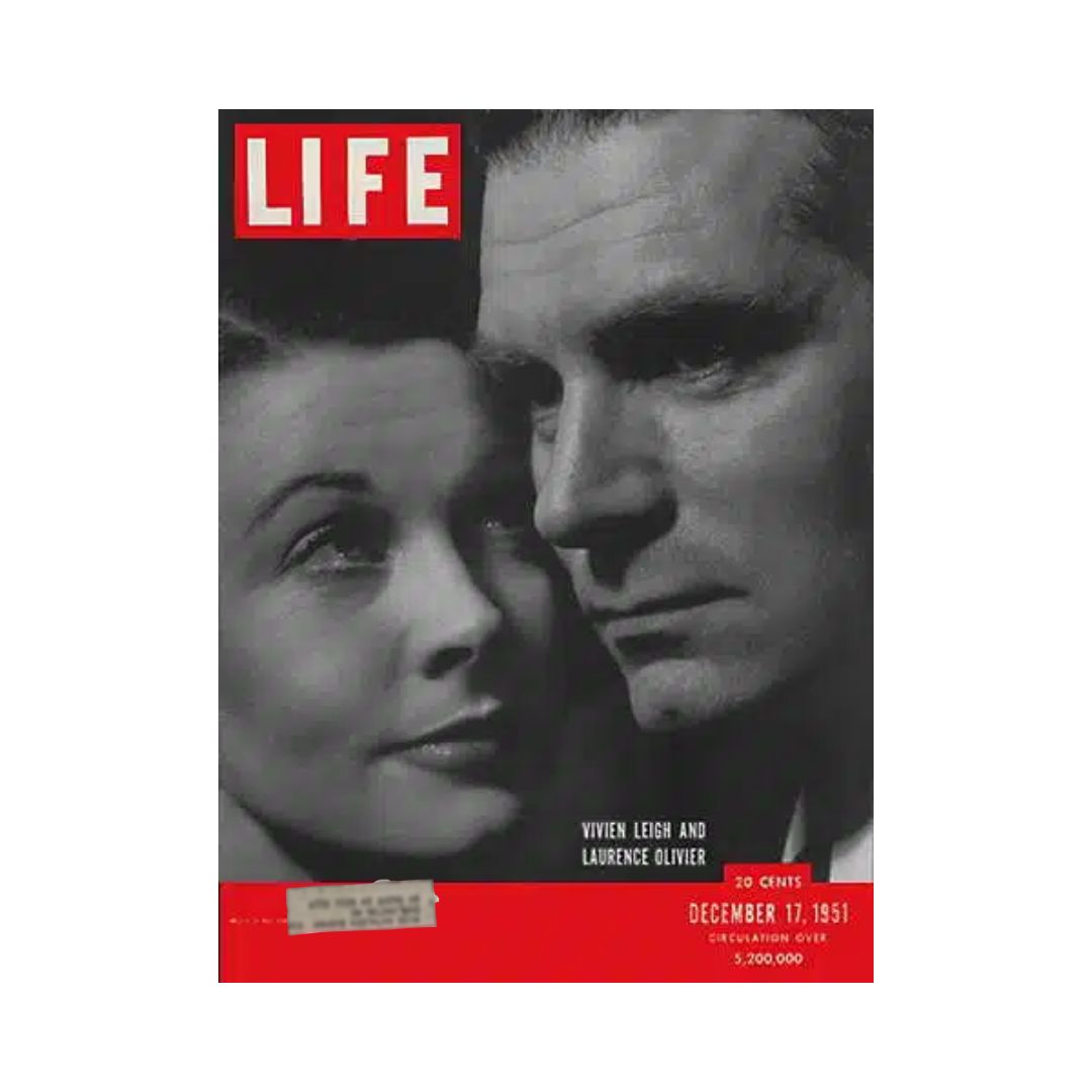 Cover of VTG Life Magazine December 17, 1951 featuring Vivien Leigh and Laurence Olivier, showcasing classic Hollywood glamour and cultural history.