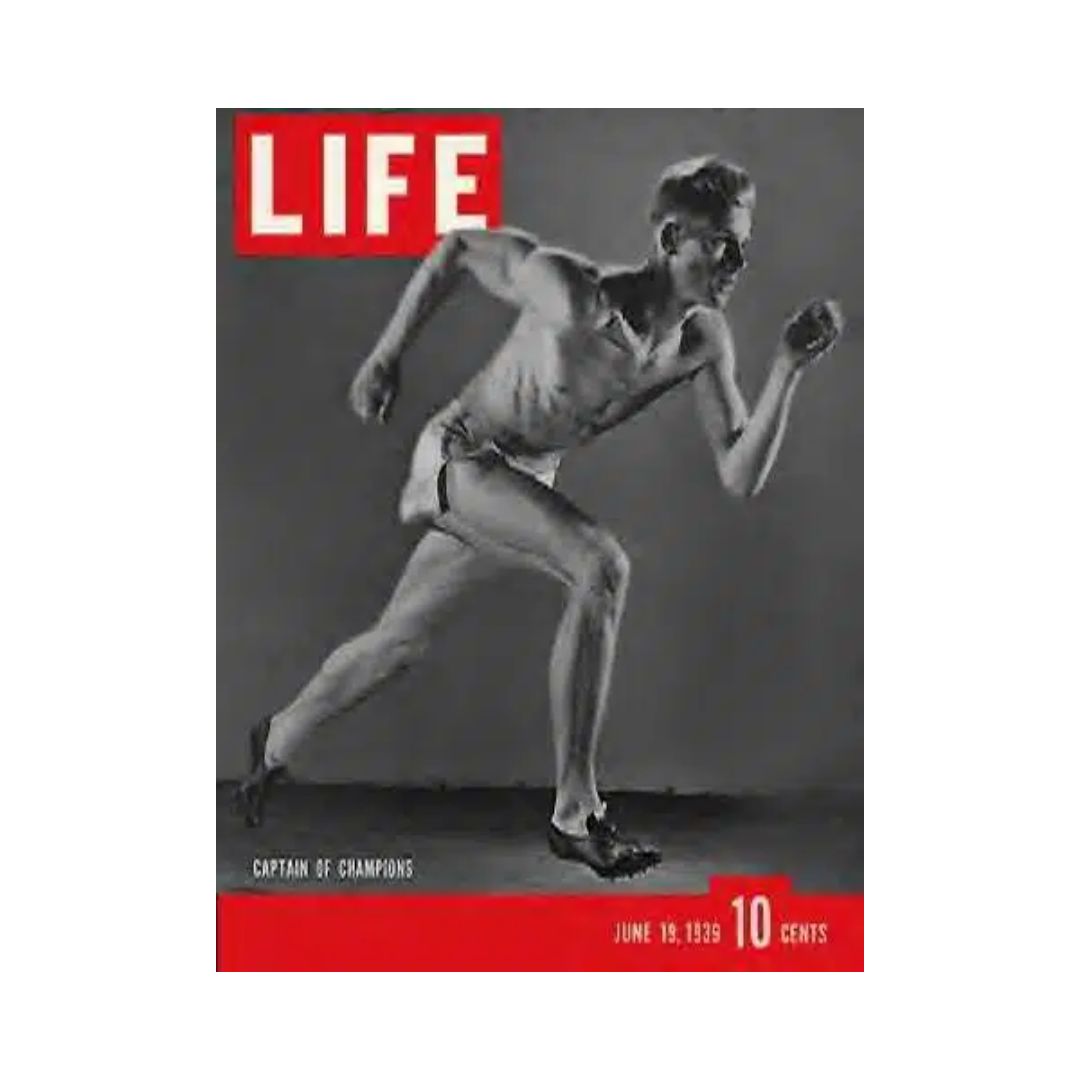 Vintage Life Magazine cover from June 19, 1939 featuring the USC Sprinter, titled 'Captain of Champions'. The cover highlights the athletic prowess of the era with a striking black-and-white image.