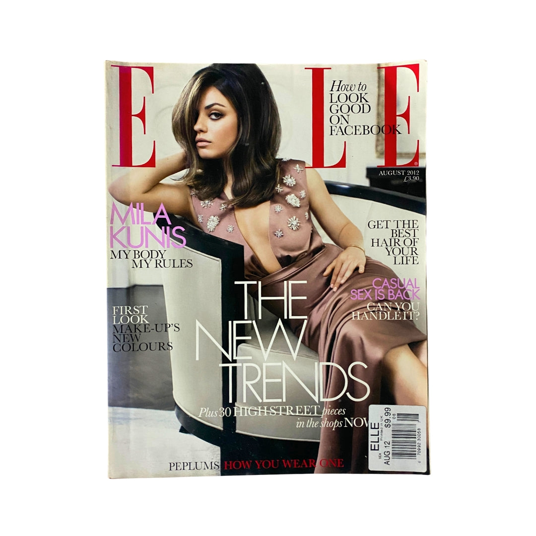 Elle Magazine August 2012 featuring Mila Kunis on the cover, highlighting fashion trends and beauty tips with text overlay about body positivity and social media appearance.