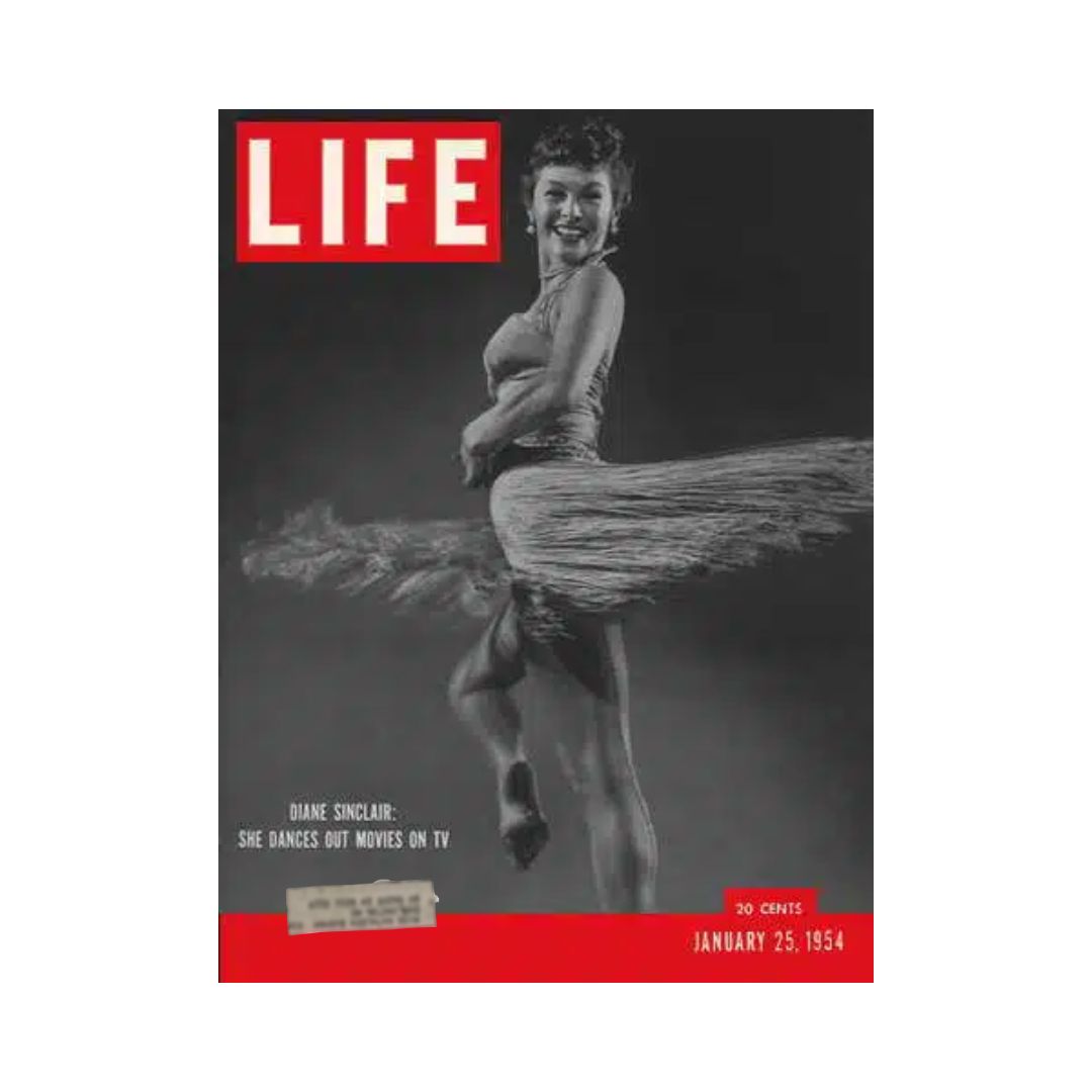 Vintage Life Magazine cover from January 25, 1954 featuring dancer Diane Sinclair, showcasing her dynamic pose and flowing skirt, a representation of mid-century entertainment and culture.