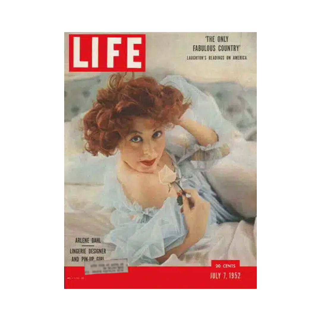 VTG Life Magazine July 7, 1952 cover featuring Arlene Dahl, renowned lingerie designer, in a delicate blue ensemble, highlighting vintage fashion and pop culture.