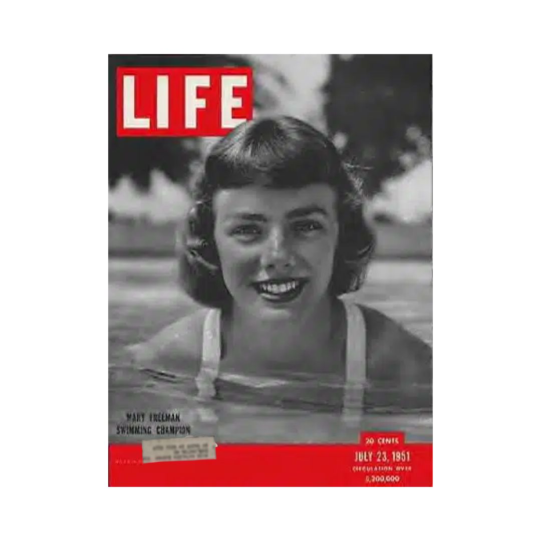 Cover of VTG Life Magazine, July 23, 1951, featuring swimmer Mary Freeman, showcasing her smiling portrait in a swimming pool.