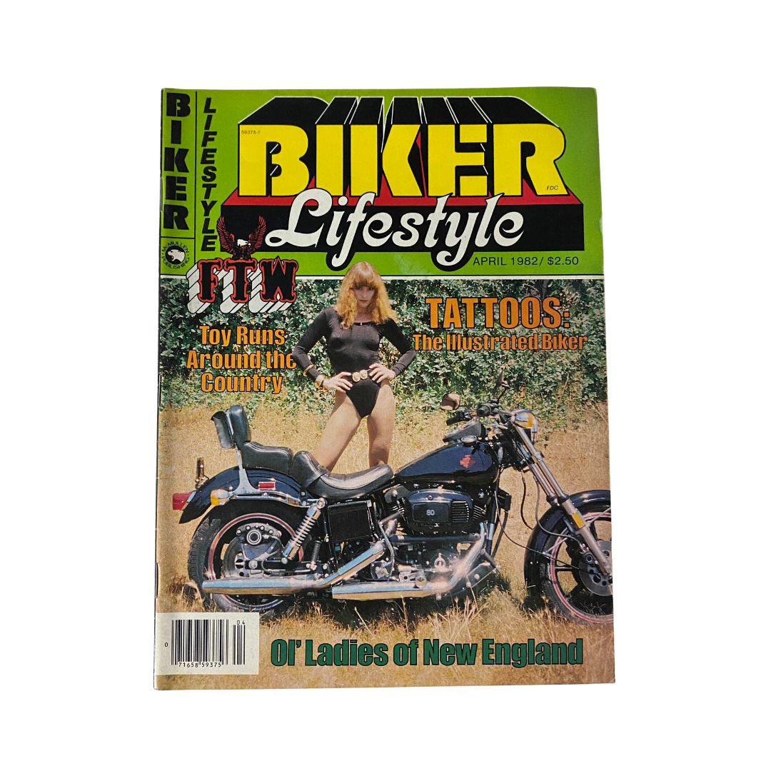 Cover of VTG Biker Lifestyle Magazine April 1982 featuring the Ol' Ladies of New England, showcasing a biker with a motorcycle in a vibrant outdoor setting.