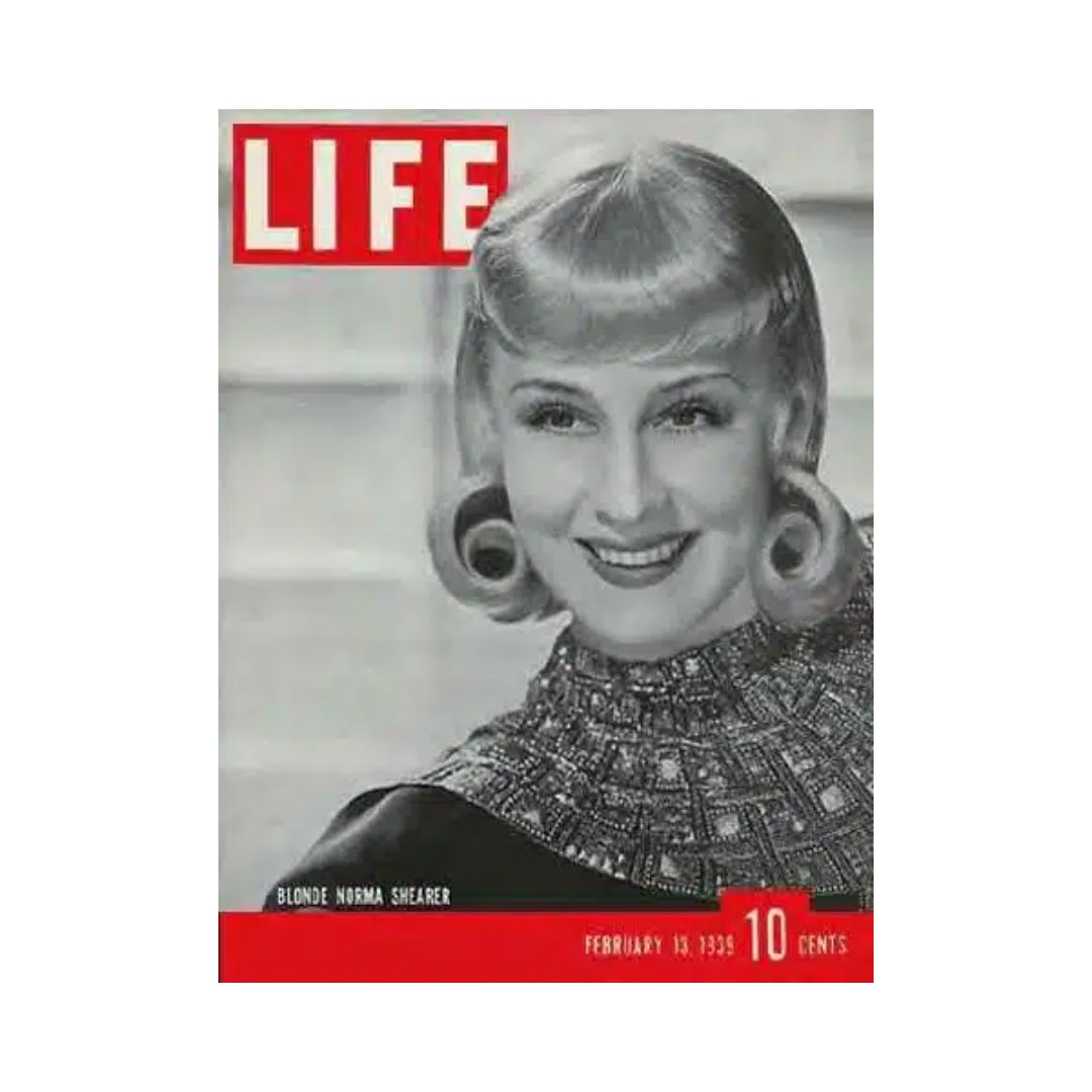 Cover of VTG Life Magazine February 13, 1939 featuring Hollywood actress Norma Shearer, showcasing her glamorous look and vintage style.