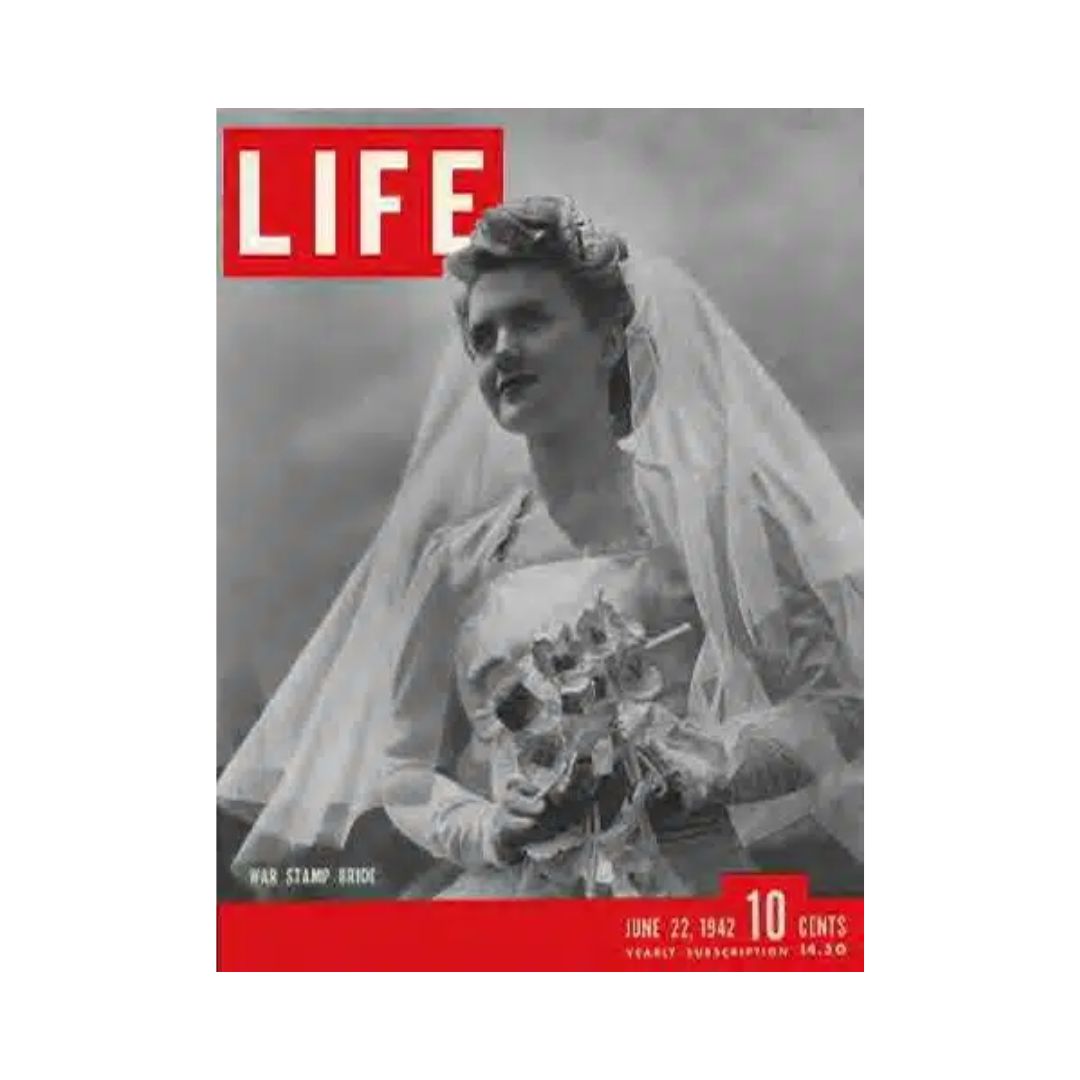 Cover of VTG Life Magazine from June 22, 1942 featuring War Stamp Bride Ellen Allardice, showcasing a vintage wedding theme with elegant attire.