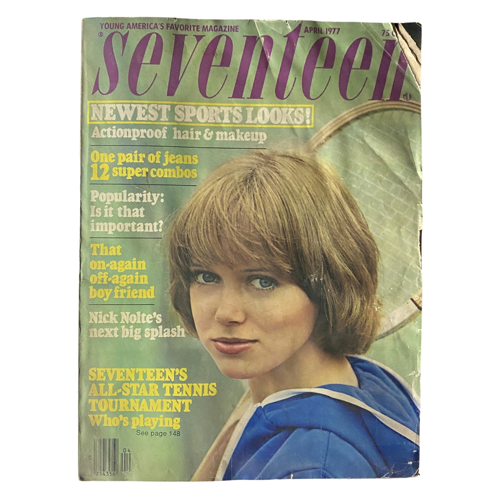 Seventeen Magazine April 1977 cover featuring Jayne Modean showcasing the theme 'Newest Sports Looks!' with highlights on fashion and beauty.