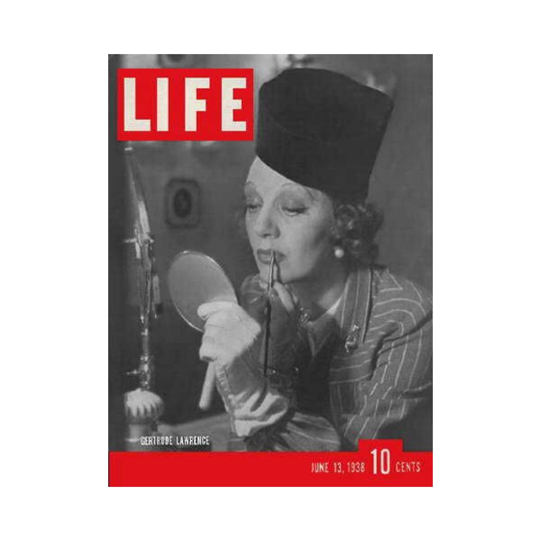 VTG Life Magazine June 13, 1938 featuring Gertrude Lawrence on the cover, showcasing a classic Hollywood moment with the actress applying makeup.