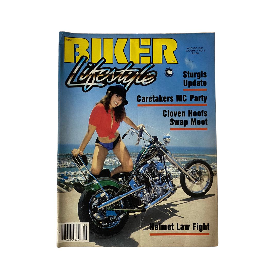Cover of VTG Biker Lifestyle Magazine August 1983 featuring Cloven Hoofs Swap Meet and a woman with a motorcycle in a scenic background.