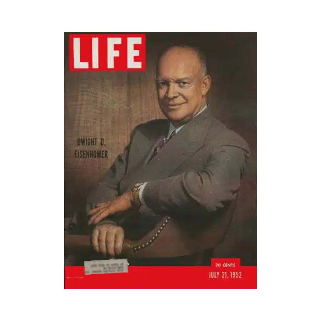 Cover of VTG Life Magazine from July 21, 1952 featuring Dwight D. Eisenhower, showcasing a portrait of the prominent leader in a suit with a red background.