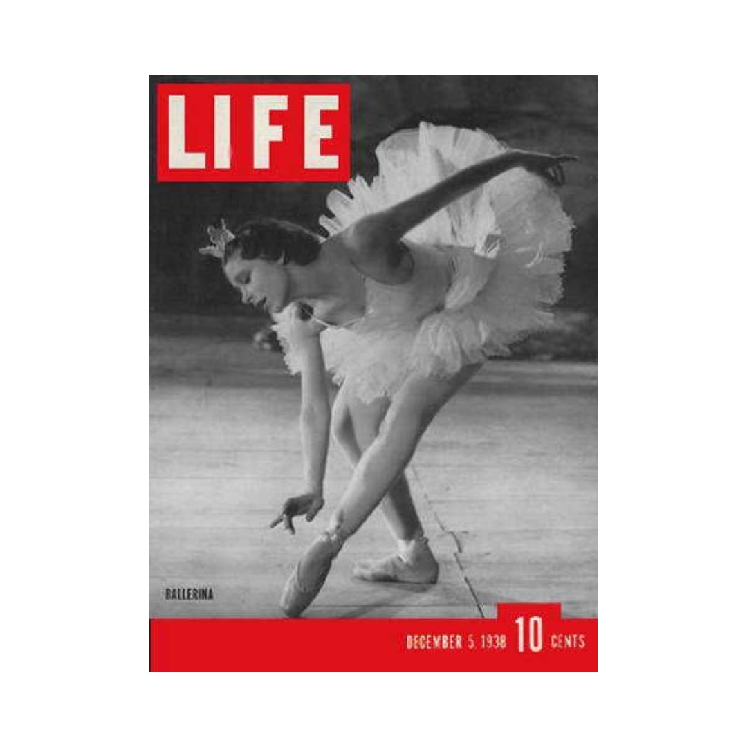 VTG Life Magazine December 5, 1938 cover featuring ballerina Yvette Chauvire, showcasing her in a classic ballet pose with a tulle tutu, representing the elegance of 1930s dance.