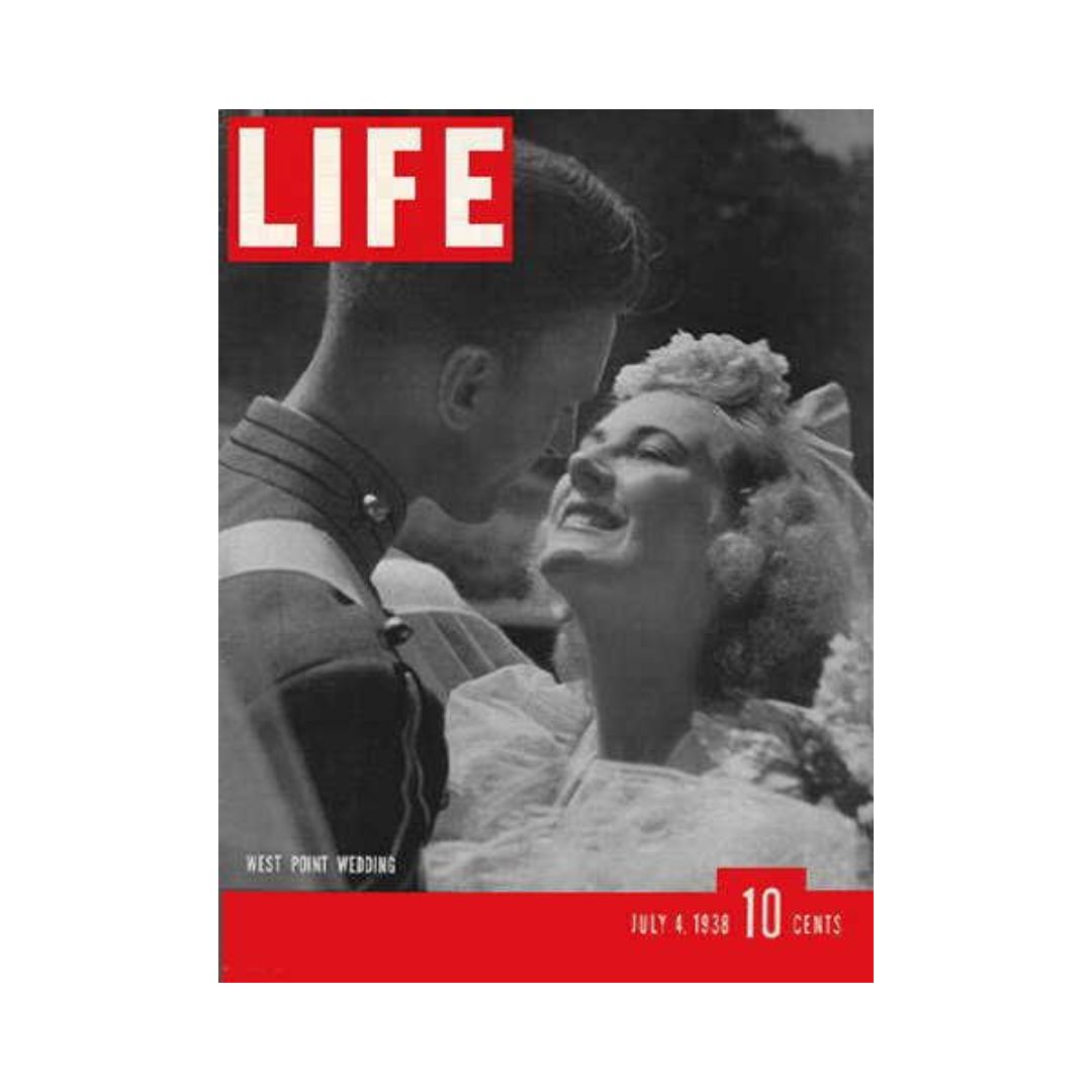 VTG Life Magazine July 4, 1938 featuring a West Point wedding cover, showcasing a romantic moment between a groom in military uniform and a bride in a white veil.