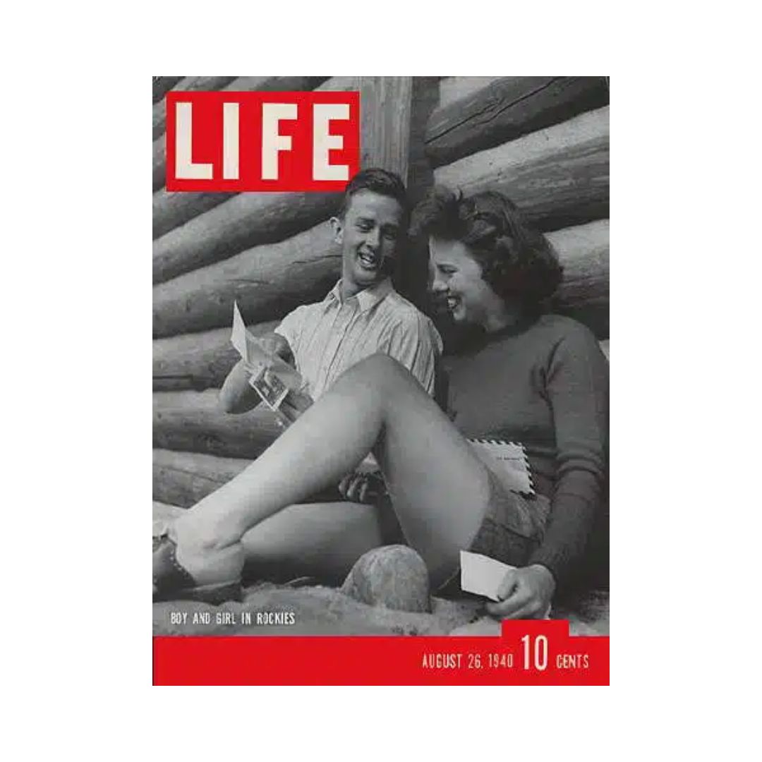 Cover of VTG Life Magazine from August 26, 1940 featuring a boy and girl in the Canadian Rockies, showcasing the beauty of Jasper Park.