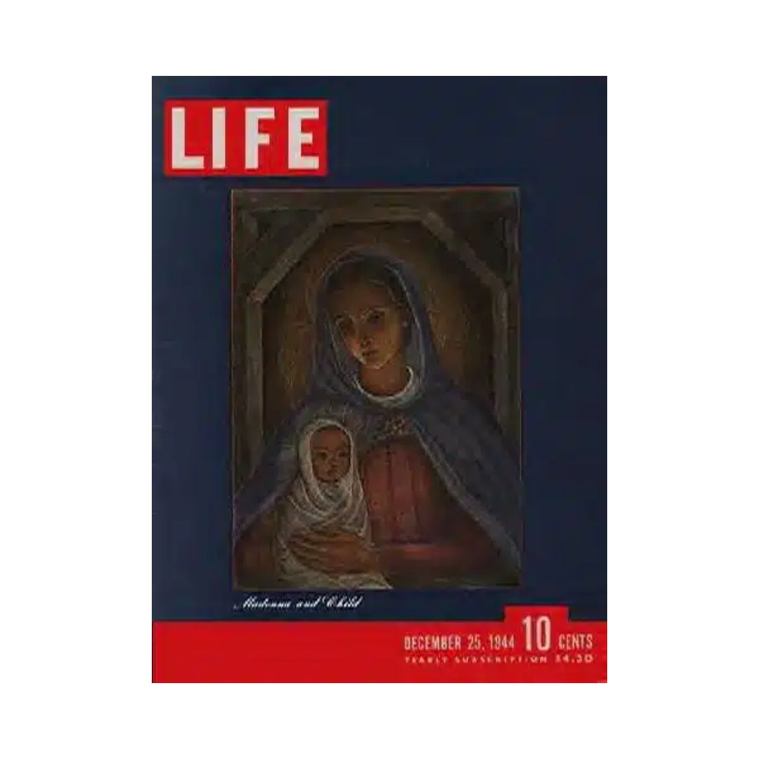 Cover of the VTG Life Magazine December 25, 1944 featuring the artwork 'Madonna and Child' by Lauren Ford, showcasing a vintage design and historical significance.