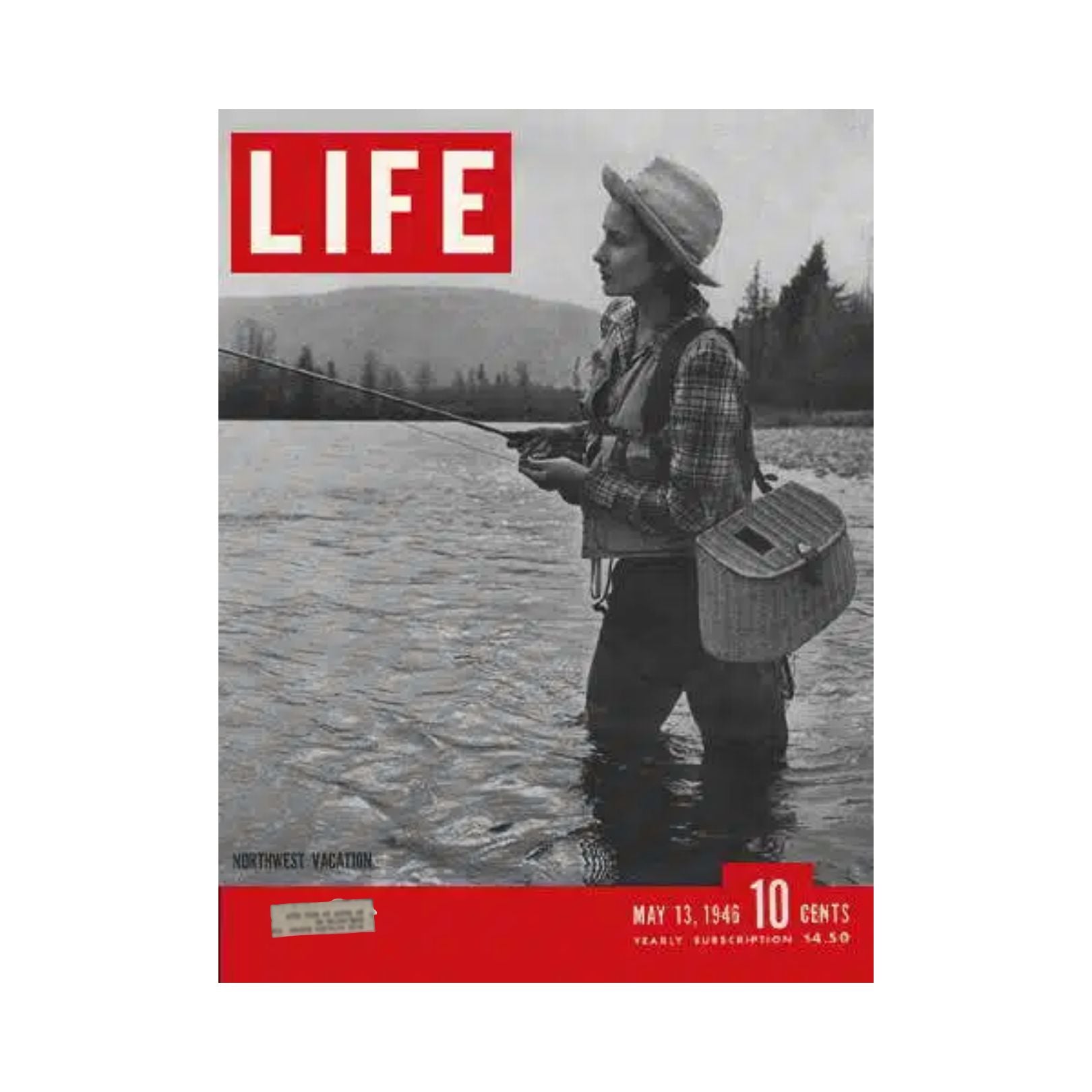 Cover of VTG Life Magazine May 13, 1946, featuring a fisherman in the Northwest during a vacation, showcasing the picturesque landscape and vintage style of post-war America.