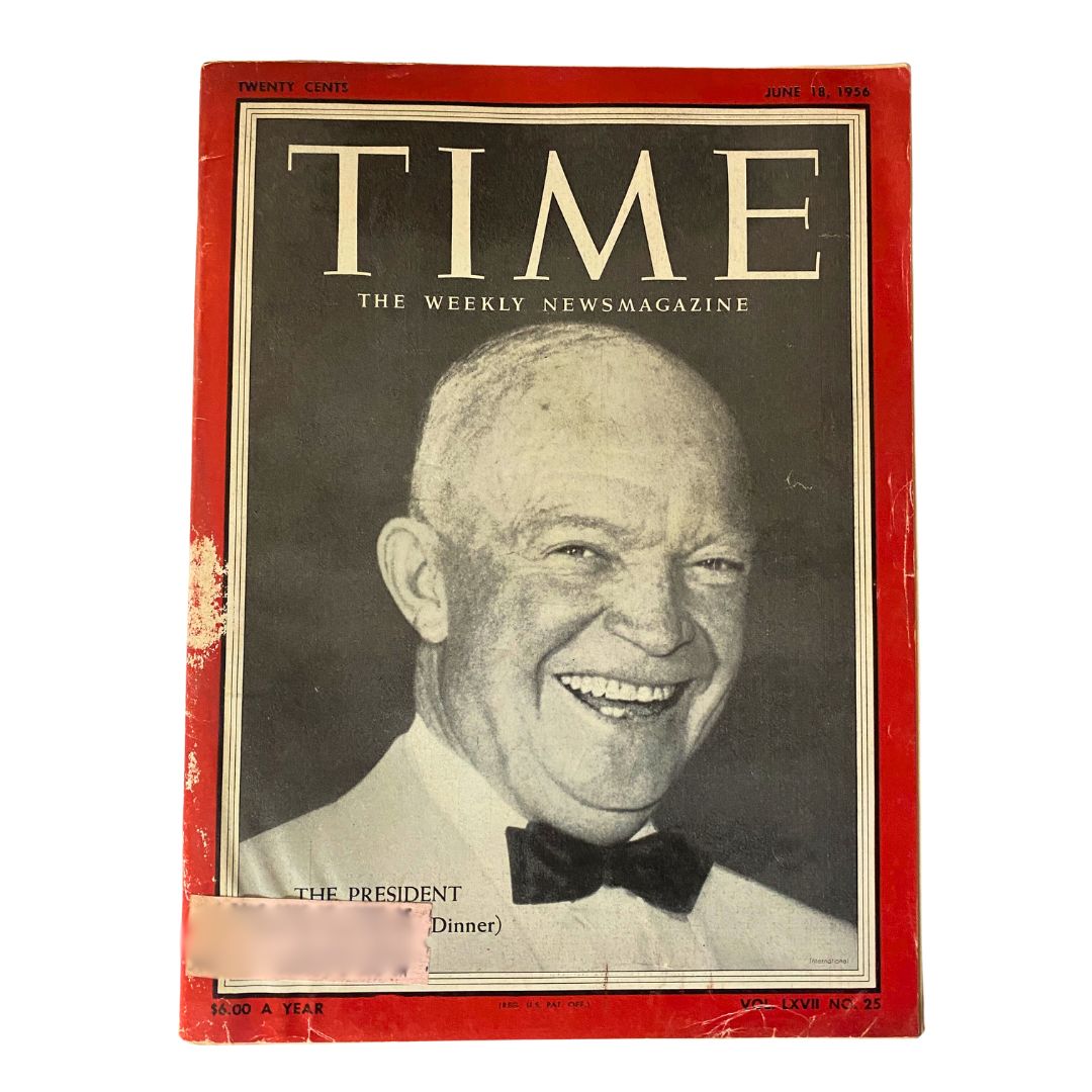Vintage Time Magazine cover from June 18, 1956 featuring Dwight D. Eisenhower, showcasing the President's smiling face in a black and white photograph with a red border.