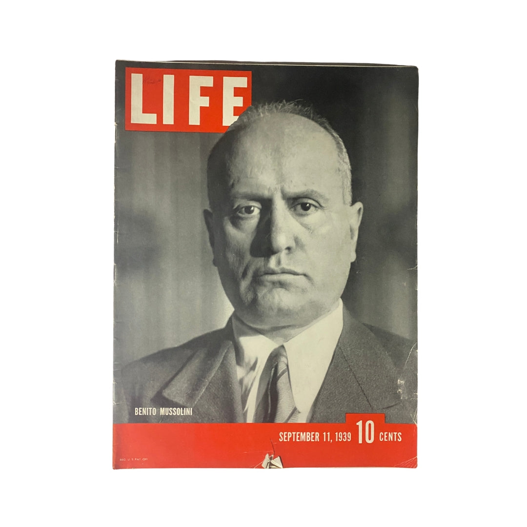 Cover of Life Magazine September 11, 1939 featuring Benito Mussolini, showcasing a striking black and white portrait.