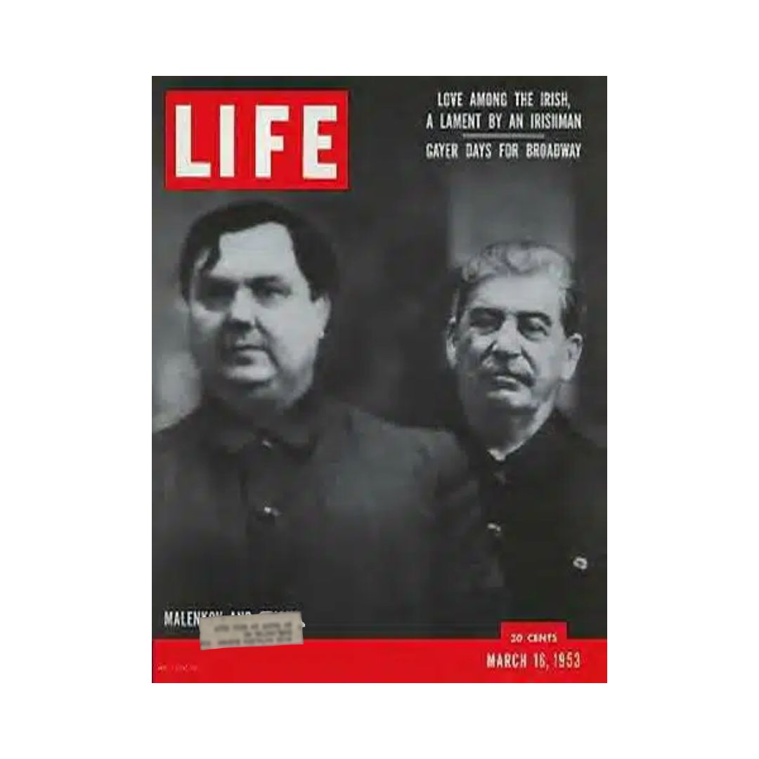 Vintage Life Magazine cover from March 16, 1953, featuring Georgy Malenkov and Joseph Stalin, reflecting a pivotal moment in post-war history.